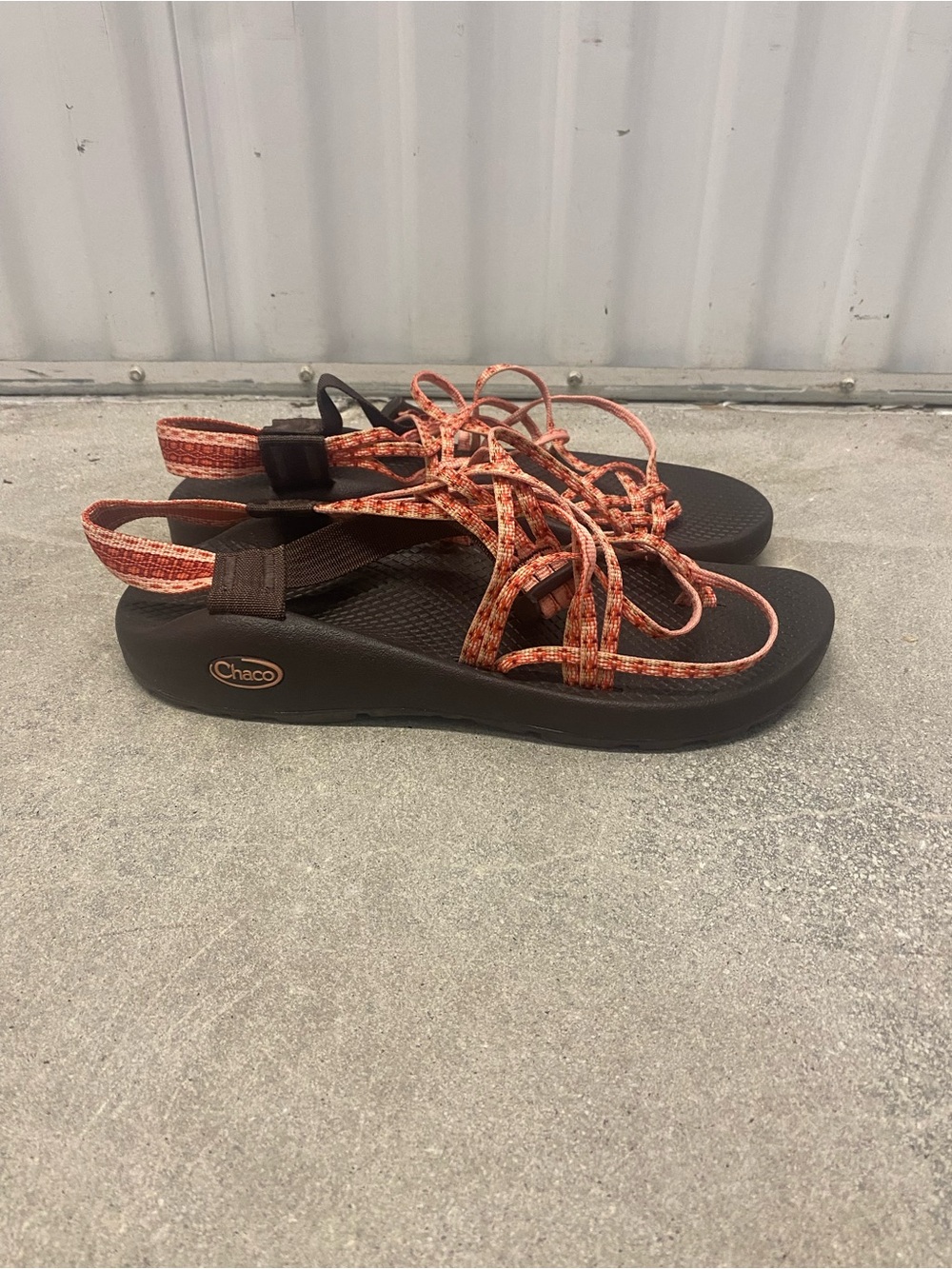 Chaco Women's Brown Footbed Sandals with Orange Patterned Straps, Size 9